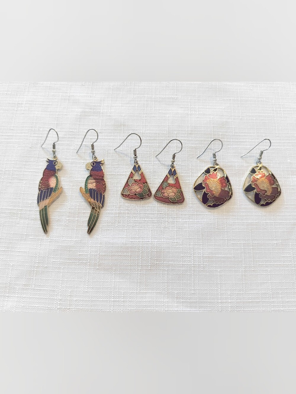 Vintage Lot Of 3 Cloisonne Enamel Dangled Earrings Gold Tone with Fish Hook